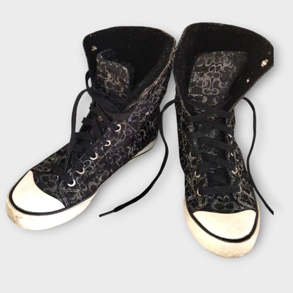 Coach Bonney Shearling High Top Sneakers Black Silver Monogram Womens 6.5 B